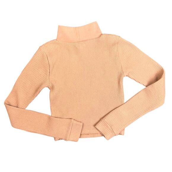 Aerie Blizzard Waffle Mockneck Tee Crop T-Shirt Tan Camel Brown Winter Top XS - Picture 2 of 7